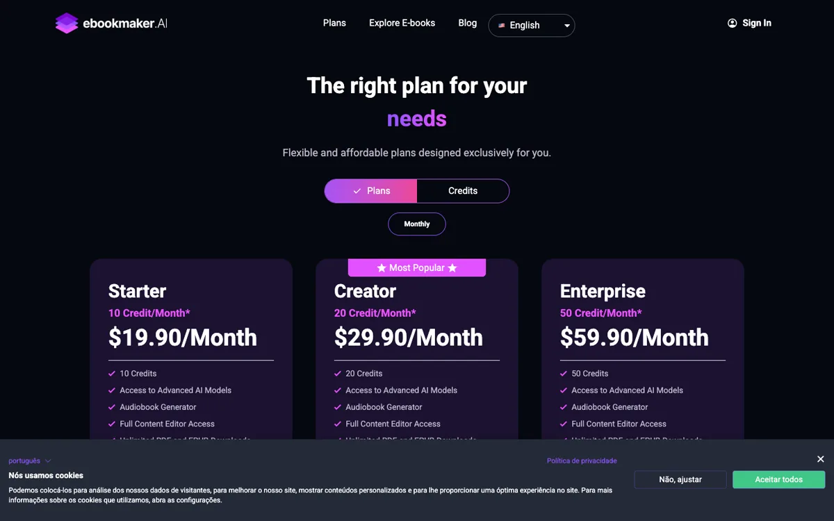 EbookMaker.ai plan fiyatları ve aylık kredileri