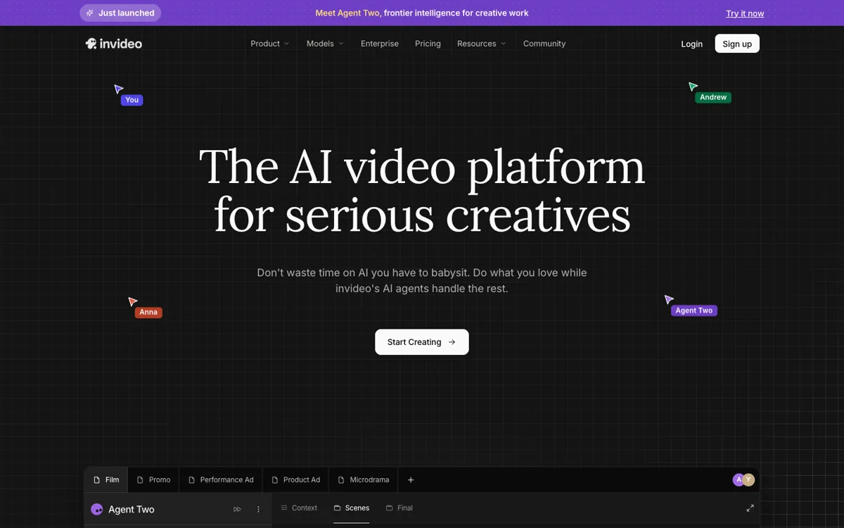 InVideo AI ana sayfası ve yapay zeka video ajanı