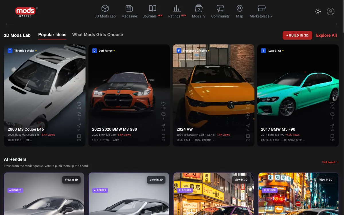 MODS Nation araç modifiye topluluğu ana sayfası