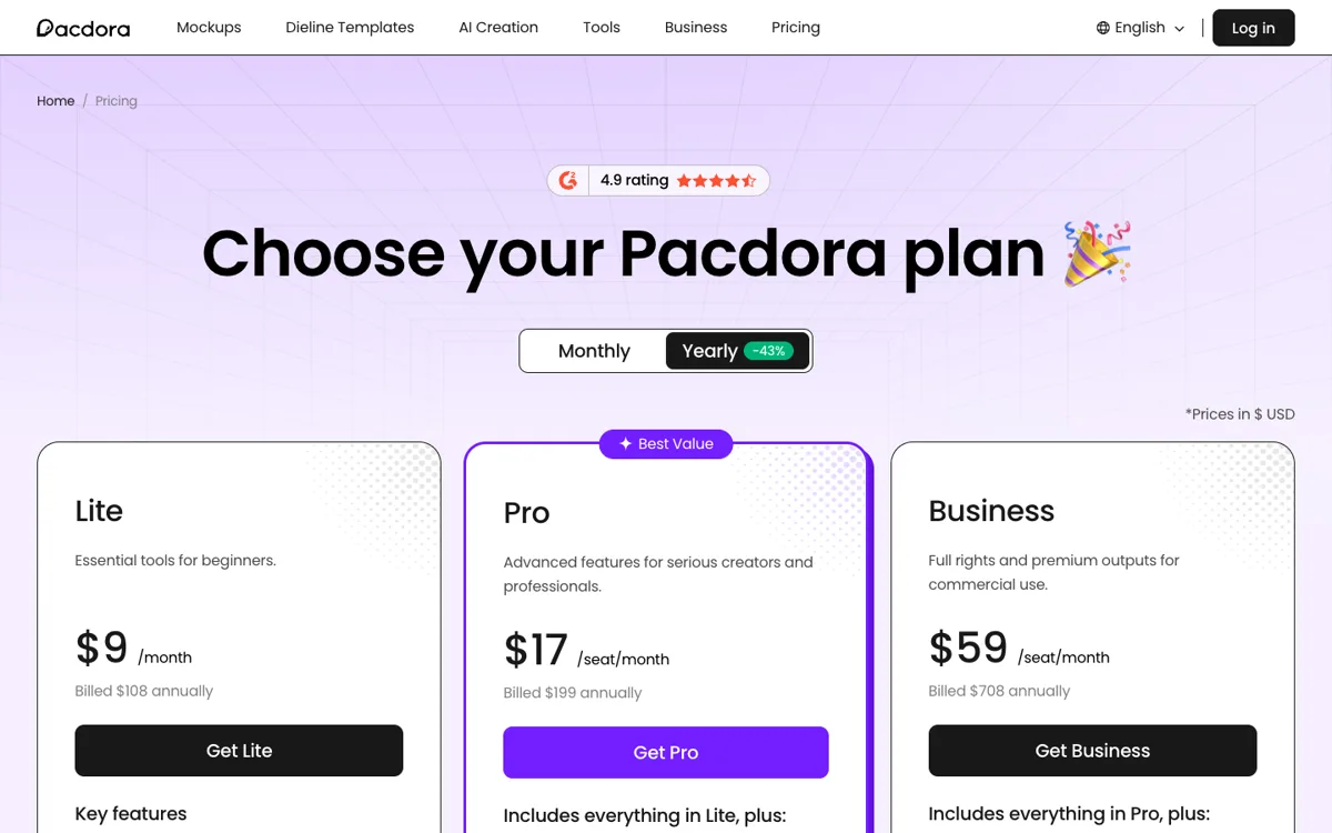 Pacdora plan fiyatları: Lite, Pro ve Business