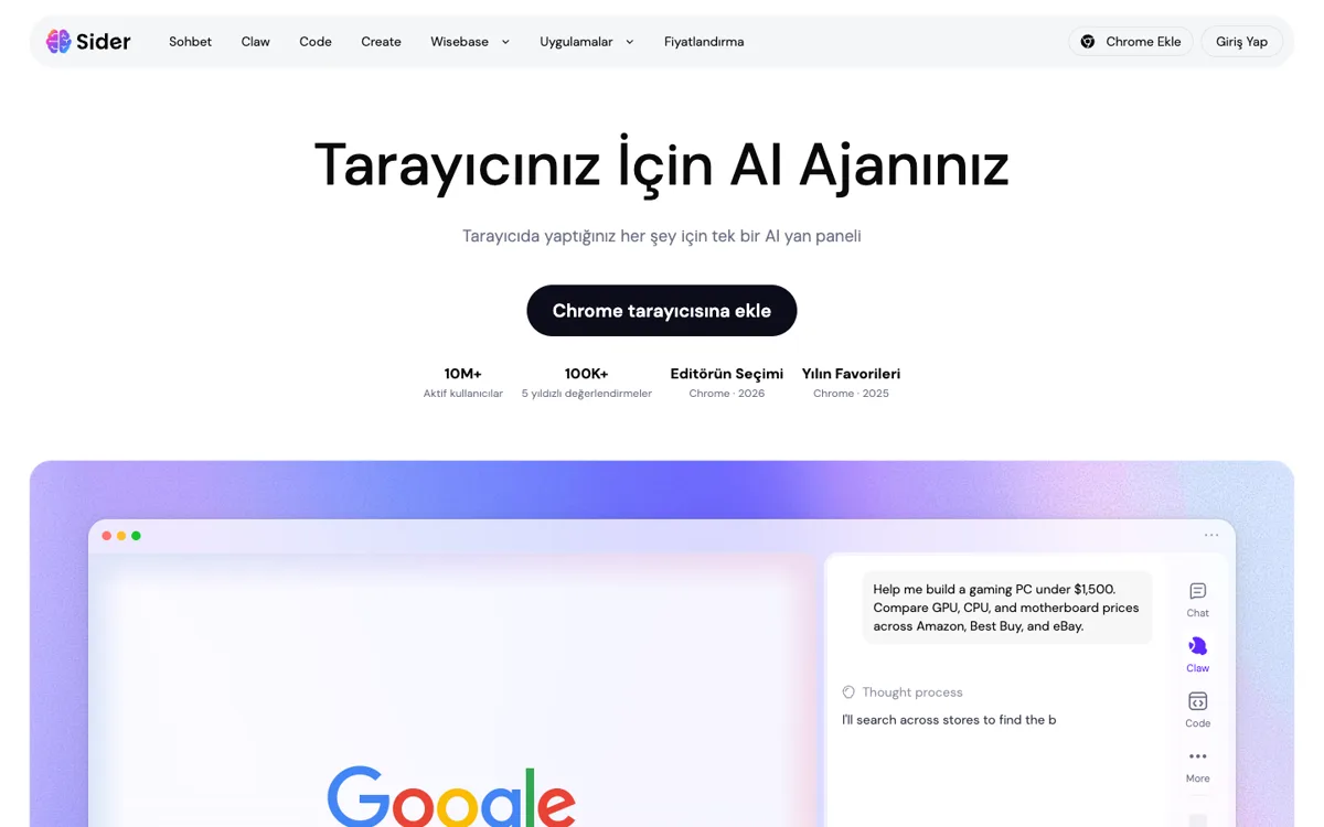Sider AI ana sayfası ve tarayıcı yan paneli