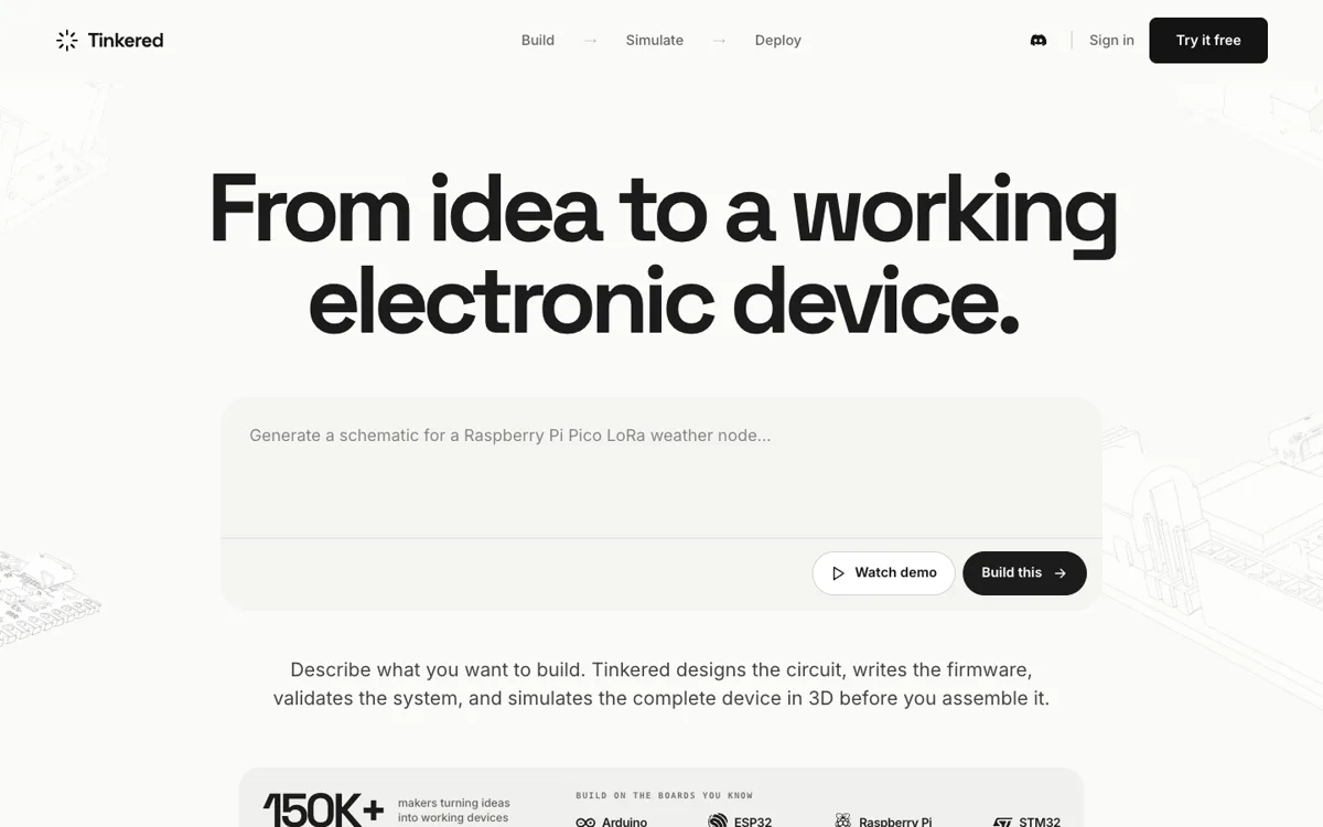 Tinkered AI ana sayfası ve elektronik proje simülasyonu