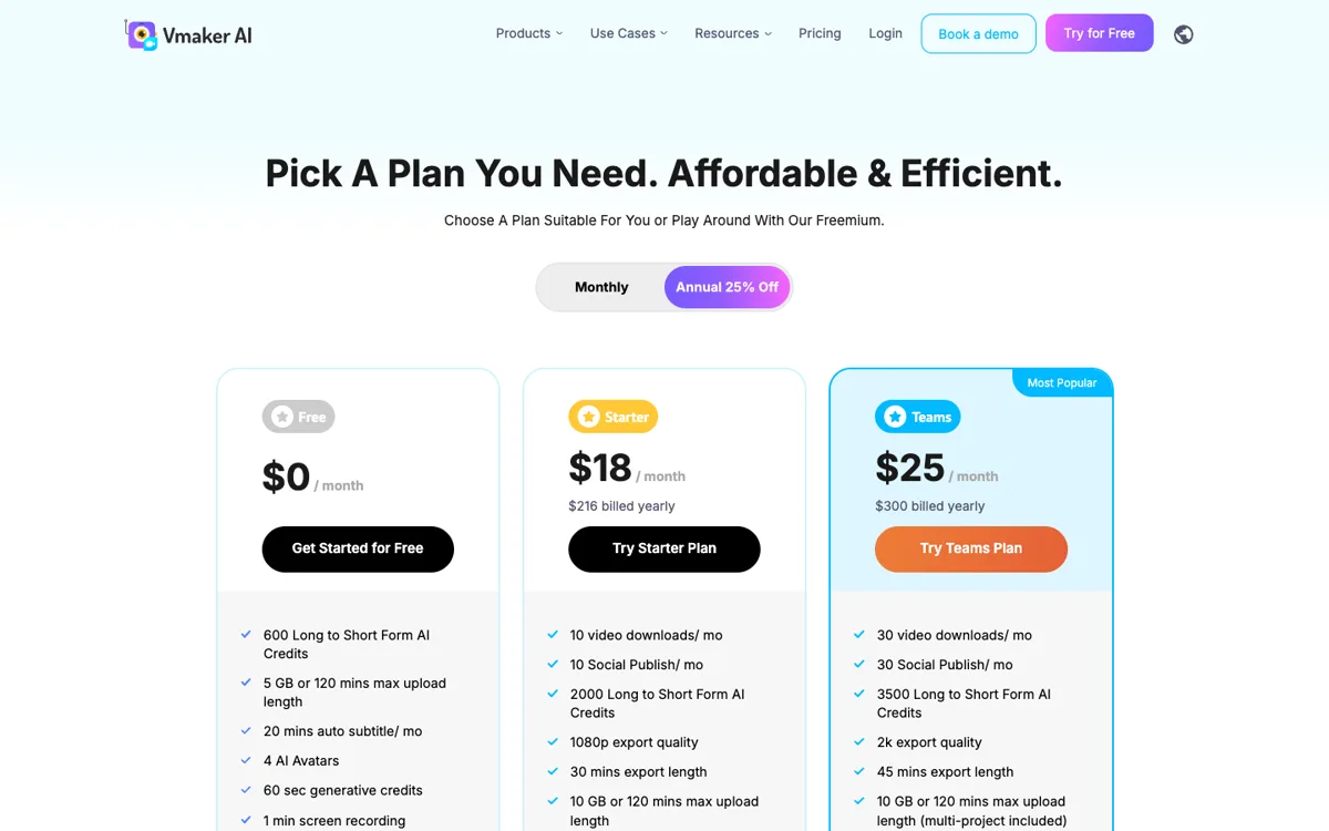 Vmaker plan fiyatları: Free, Starter ve Teams