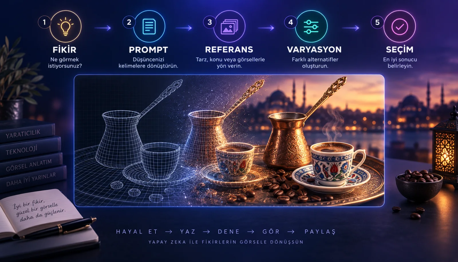 Fikir, prompt, referans, varyasyon ve seçim adımlarından oluşan yapay zekâ görsel üretim iş akışı