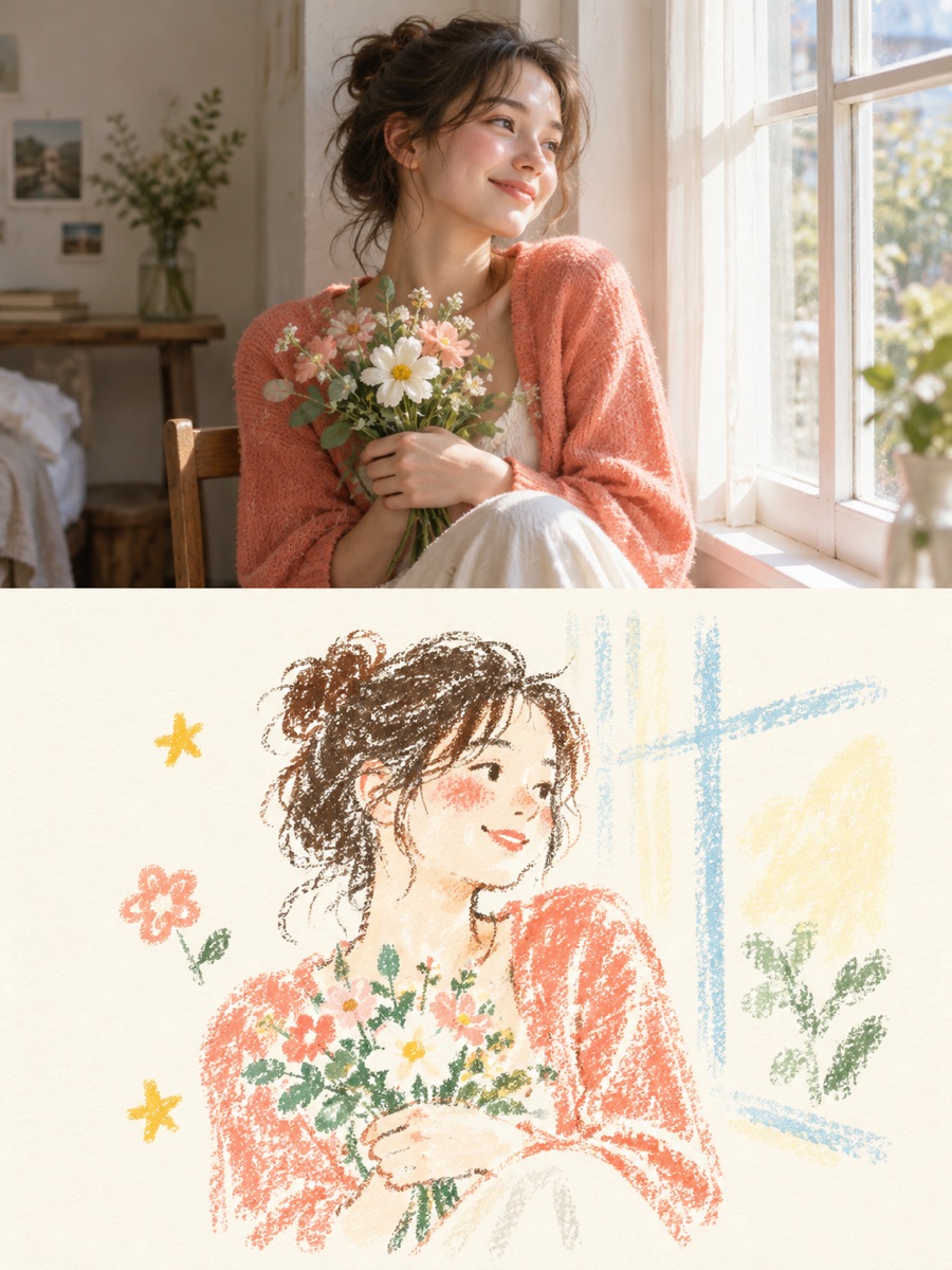 Kurgusal kişinin fotoğrafı ve pastel mum boya doodle poster yorumu