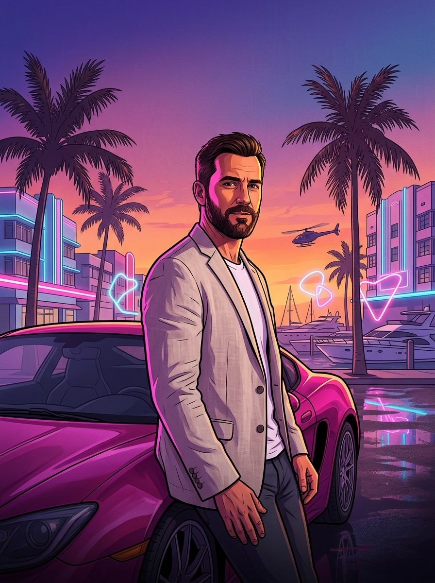 GTA tarzı gün batımı poster promptunun örnek çıktısı: neon ışıklı sahil şehrinde spor arabaya yaslanmış kurgusal bir kişi