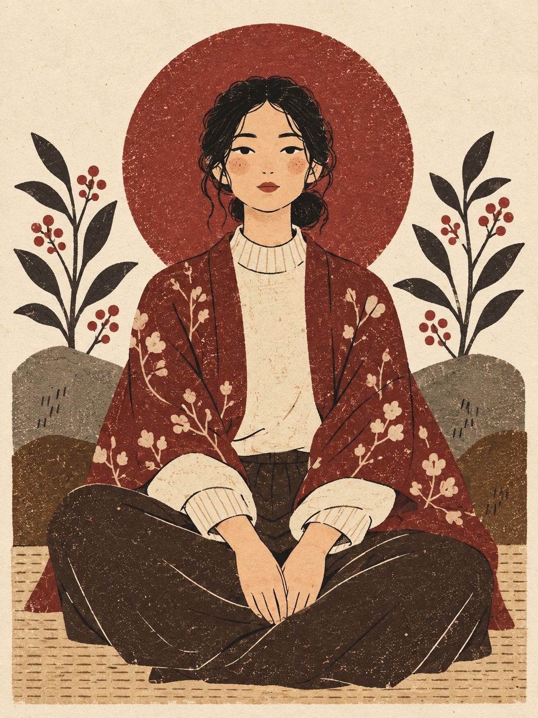 Retro Japon risograph tarzında oturan kurgusal kadın portresi, krem ve bordo tonlarda