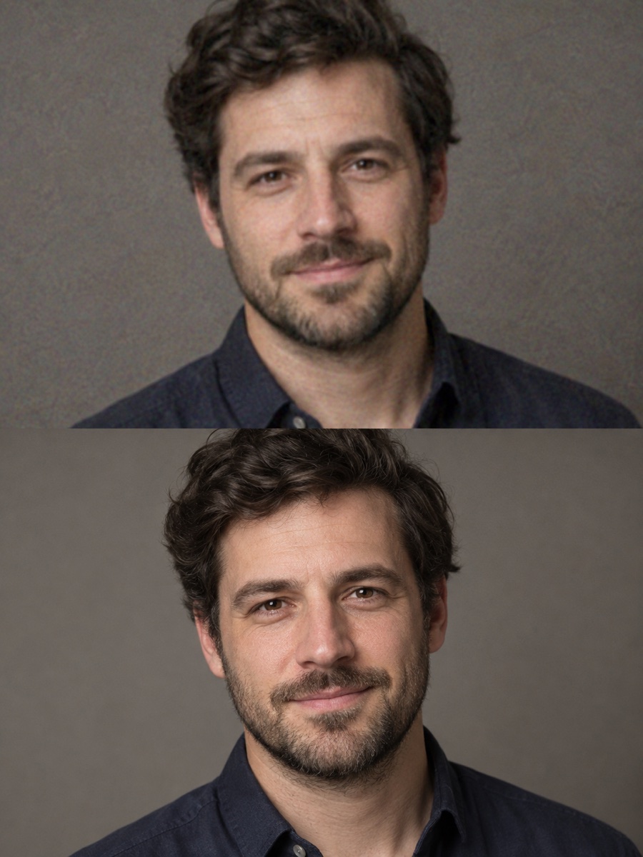 Kurgusal kişinin düşük çözünürlüklü portresi ve sadık biçimde keskinleştirilmiş yüksek çözünürlüklü örneği
