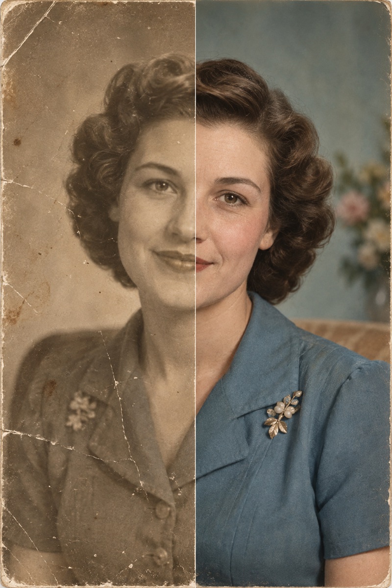 Kurgusal kadının eski, çizilmiş fotoğrafı ve doğal renklerle restore edilmiş hali yan yana