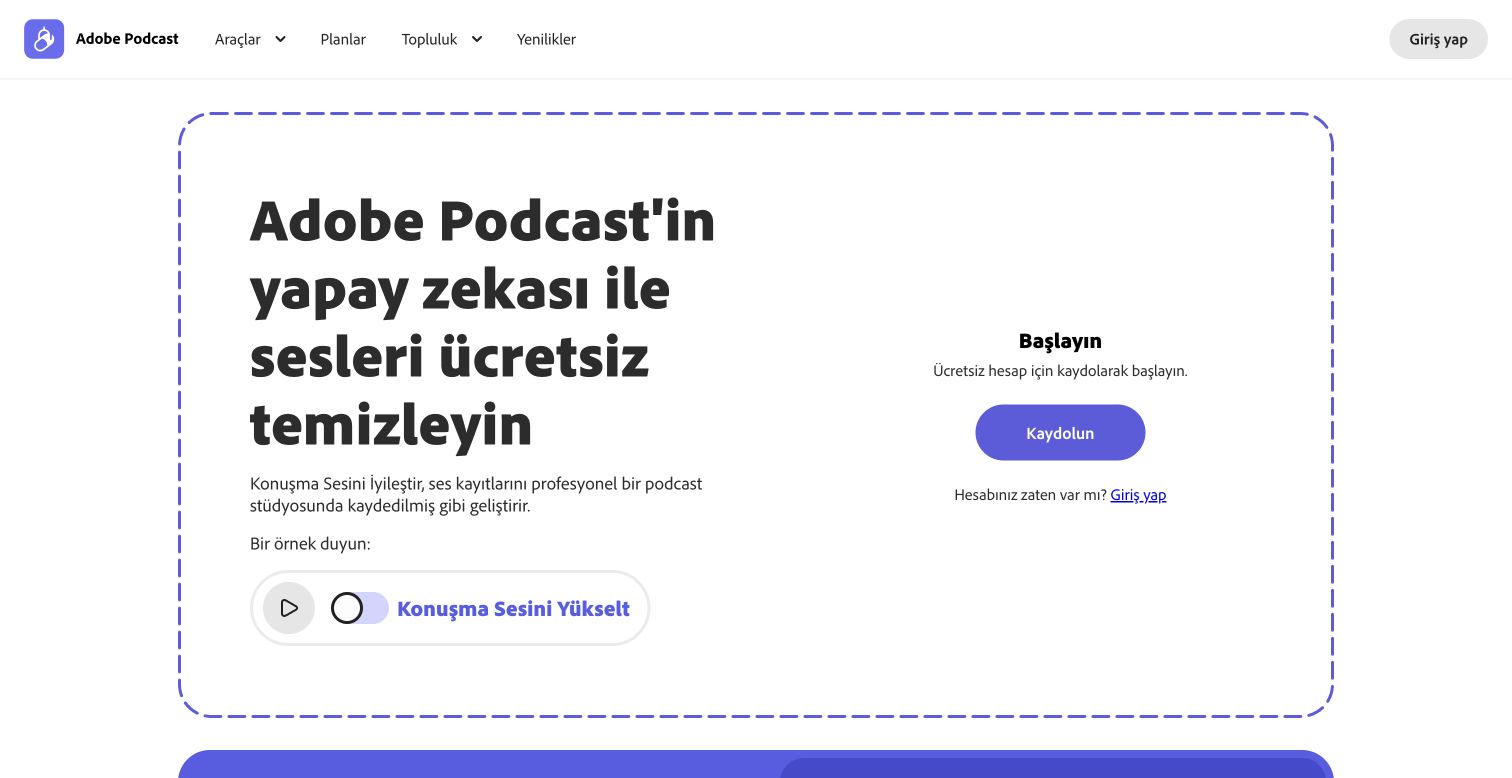 Adobe Podcast Türkçe Enhance Speech başlangıcında kayıt ve giriş gerektiren ekran