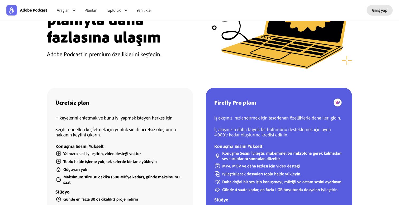 Adobe Podcast Türkçe plan kartlarında ücretsiz ses kotası ve Firefly Pro Premium özellikleri