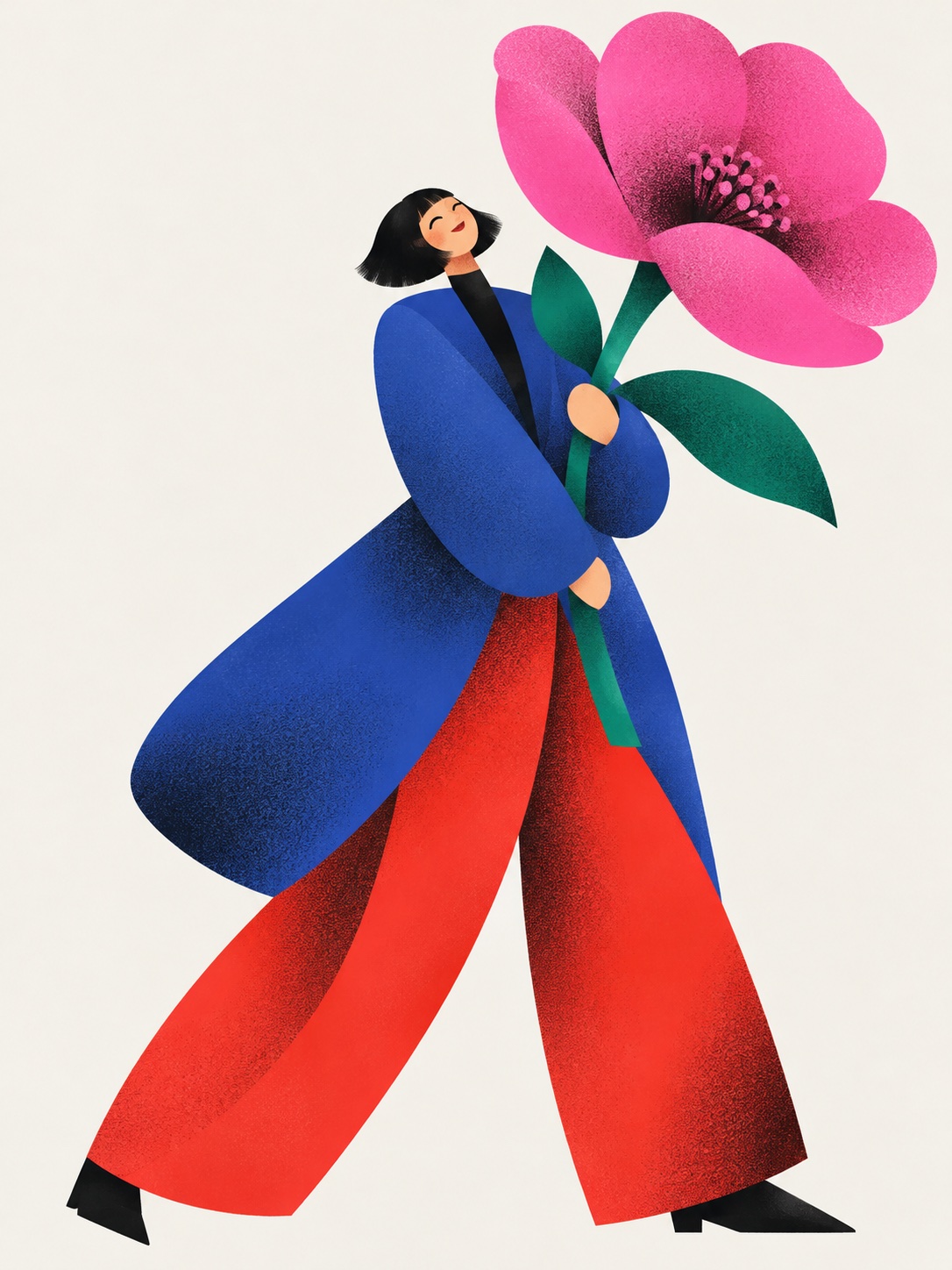 Büyük pembe çiçek tutan, mavi paltolu geometrik karakterin ince gren dokulu Grain Art posteri