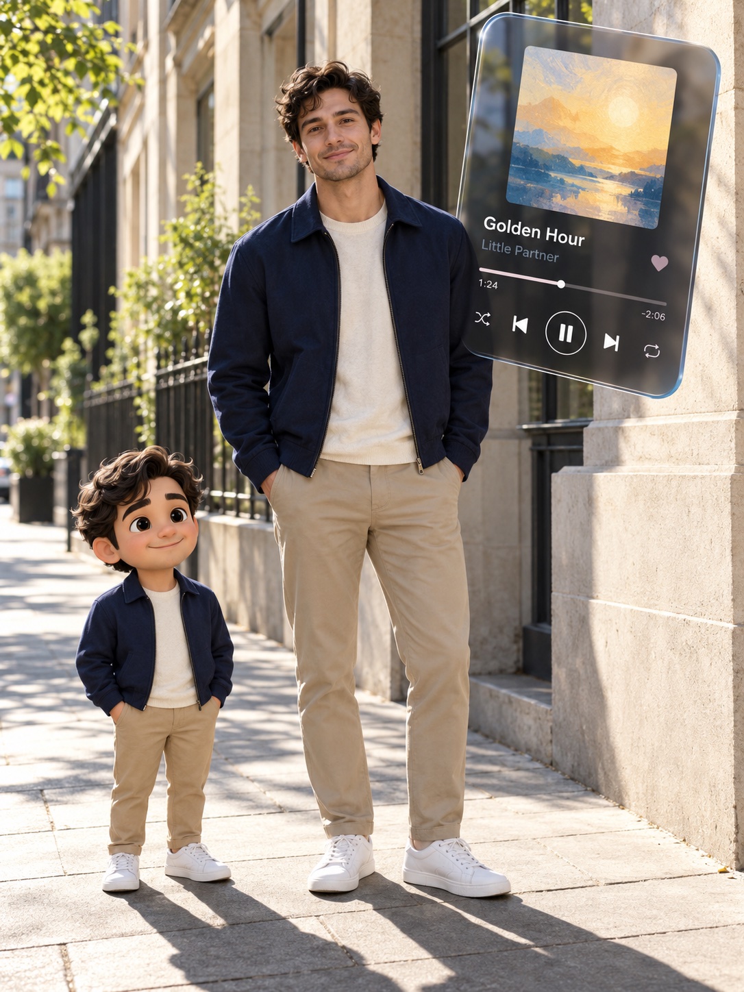 Kurgusal kişinin yanında aynı kıyafetli mini çizgi karakteri ve karşı tarafta cam müzik çalar paneli