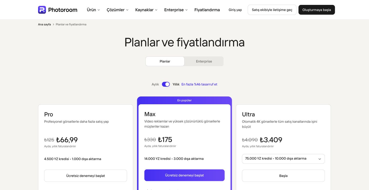 Photoroom Türkiye yıllık ödeme plan kartları, 13 Ekim 2026