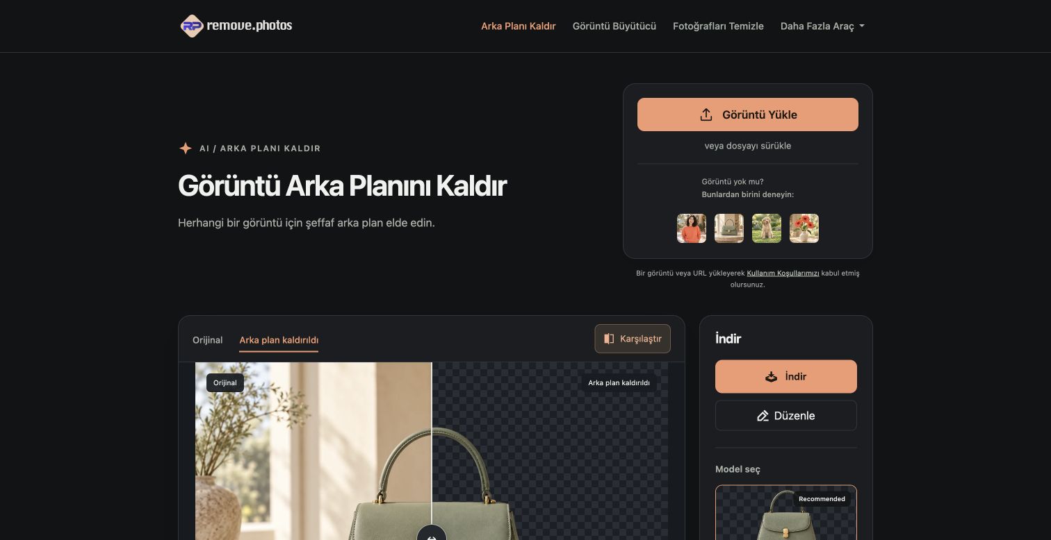Remove.photos Türkçe editöründe yerleşik çanta demosunun orijinal ve arka planı kaldırılmış görünümü
