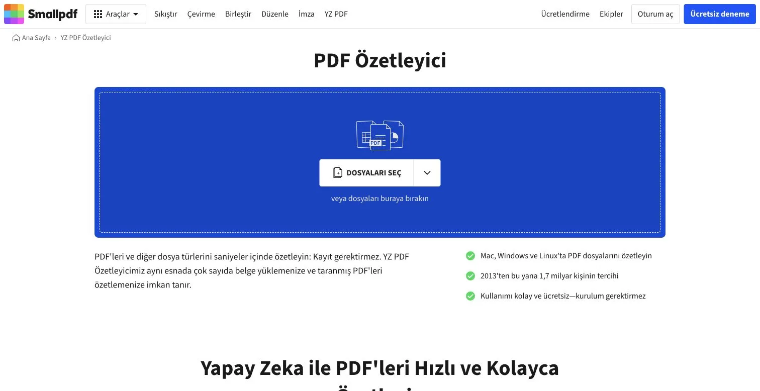 Smallpdf Türkçe PDF Özetleyici sayfasında PDF Özetleyici başlığı ve Dosyaları Seç yükleme paneli