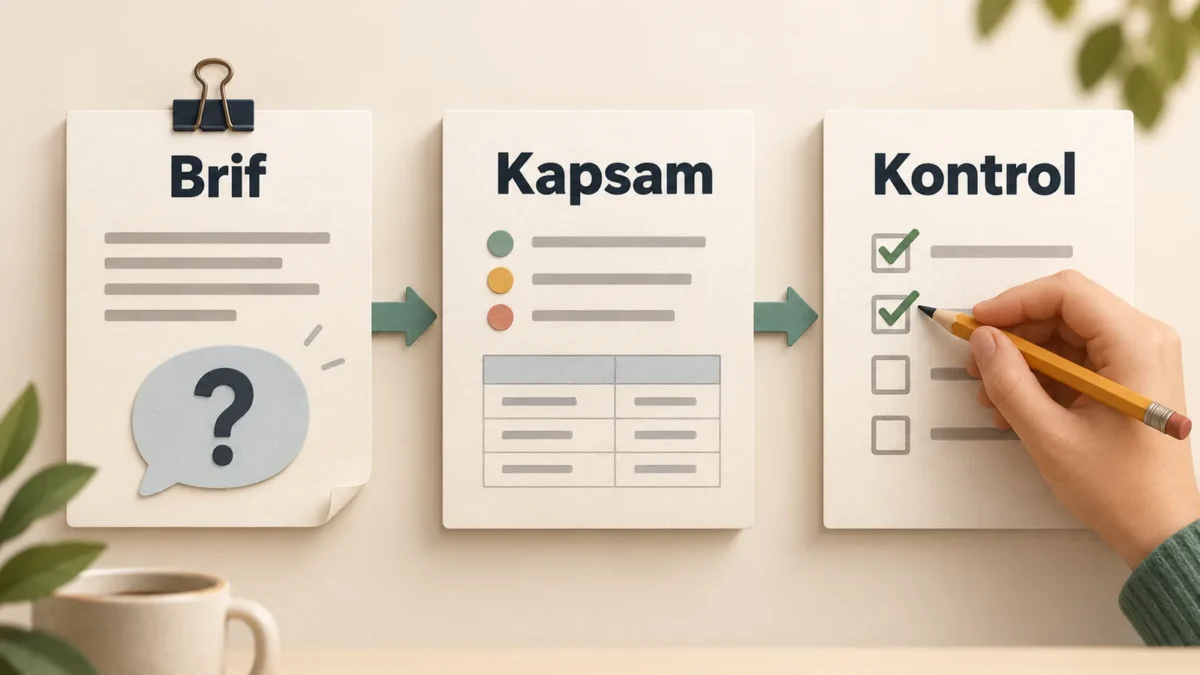 Müşteri brifinden kapsamı belirlenmiş teklife ve insan kontrolüne üç adımlı akış