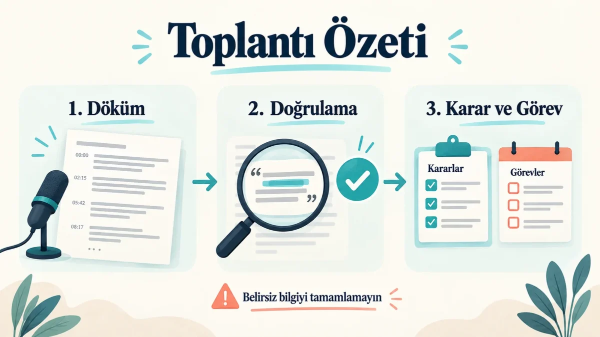 Toplantı dökümünden doğrulama, karar ve görev listesine üç adımlı akış