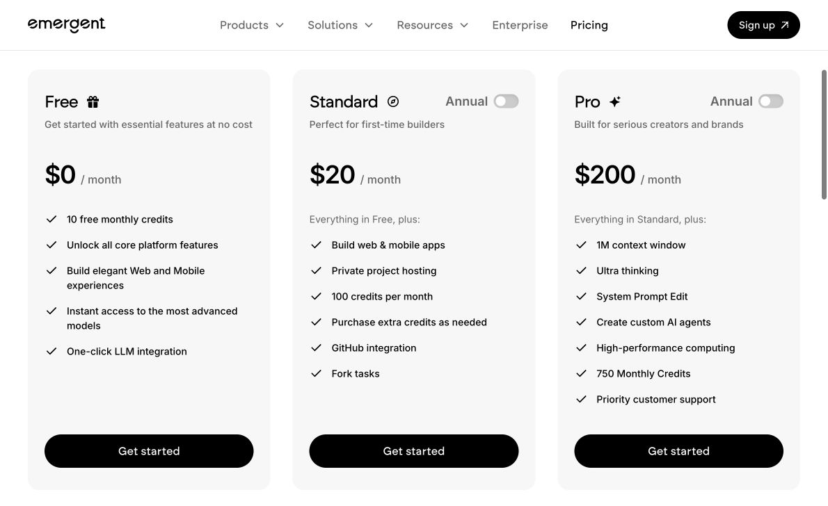 Emergent Free Standard Pro planları ve güncel fiyat kartları