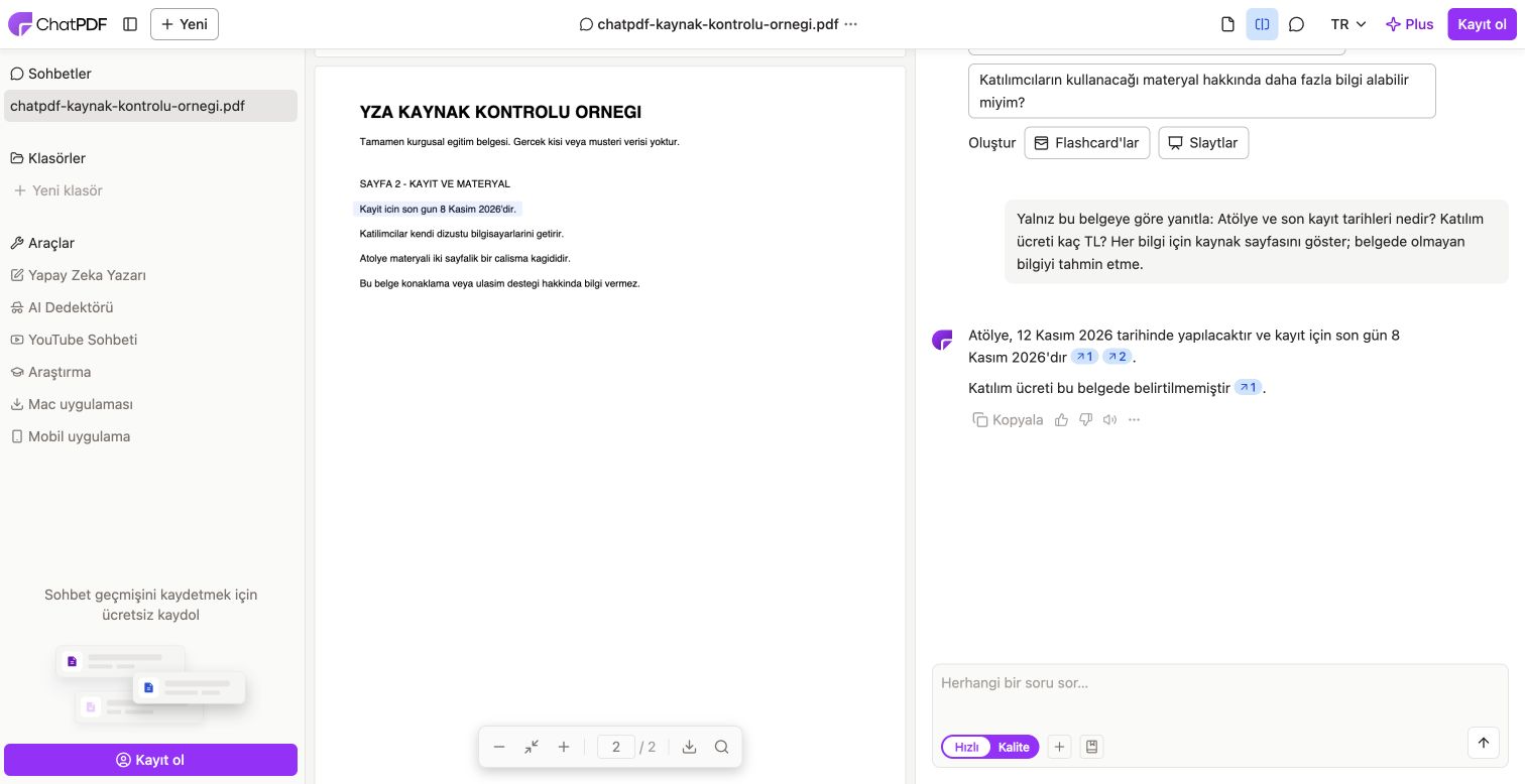 ChatPDF'de kurgusal PDF'nin ikinci sayfası, vurgulanan son kayıt tarihi ve kaynak numaralı Türkçe yanıt